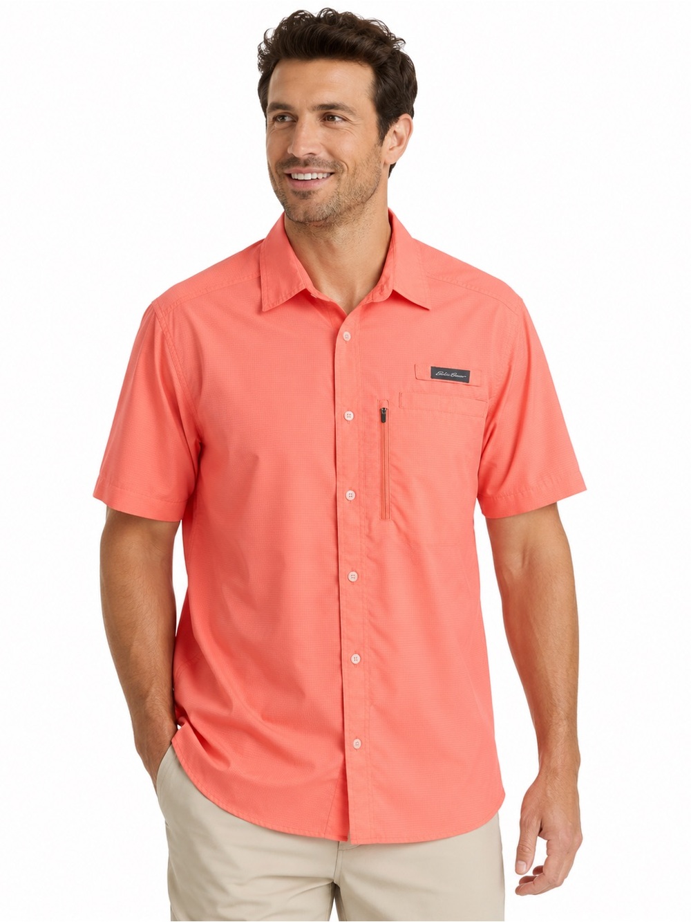 Eddie Bauer Men's Vibrant Coral Button Down Tech Shirt